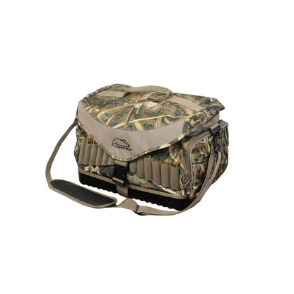 Landing Gear Deluxe Blind Bag, front three-quarter view in realtree camo with shotgun shell loops and shoulder strap