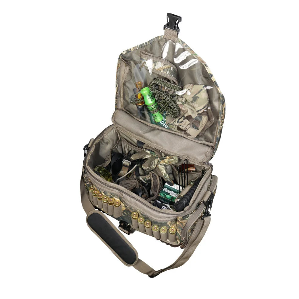 Landing Gear Deluxe Blind Bag open top view showing interior compartments loaded with hunting gear and calls