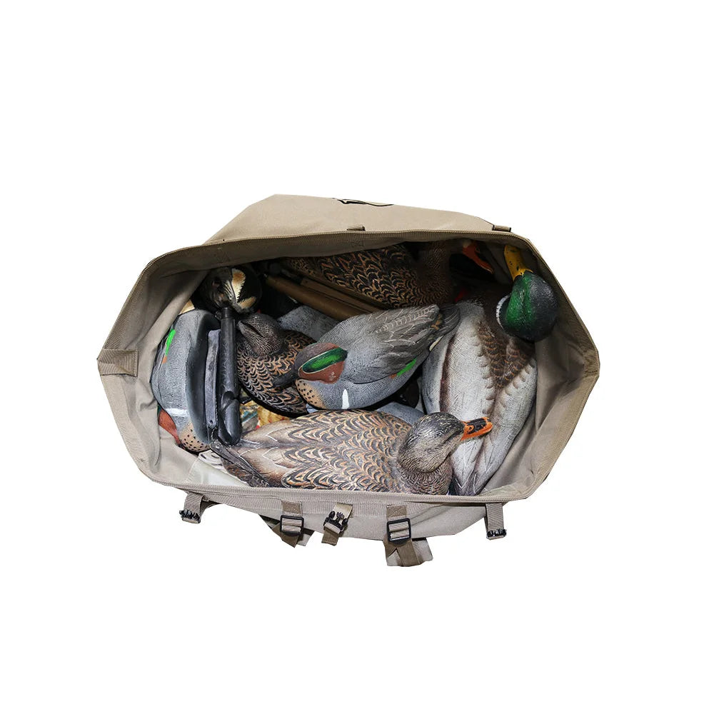 Landing Gear Quick Load Decoy Bag, top-down view open and filled with duck decoys showing interior capacity