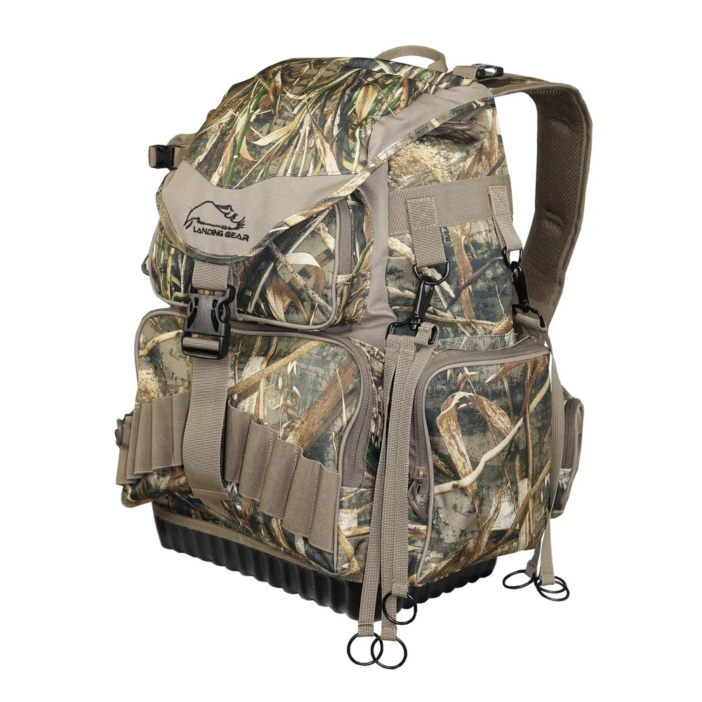 Landing Gear Waterfowlers Backpack, front three-quarter view in Realtree Max-5 camo on white background