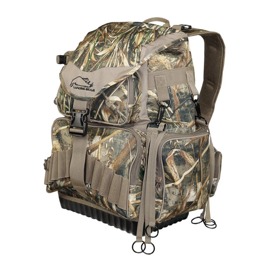 Landing Gear Waterfowlers Backpack, front three-quarter view in Realtree Max-5 camo on white background