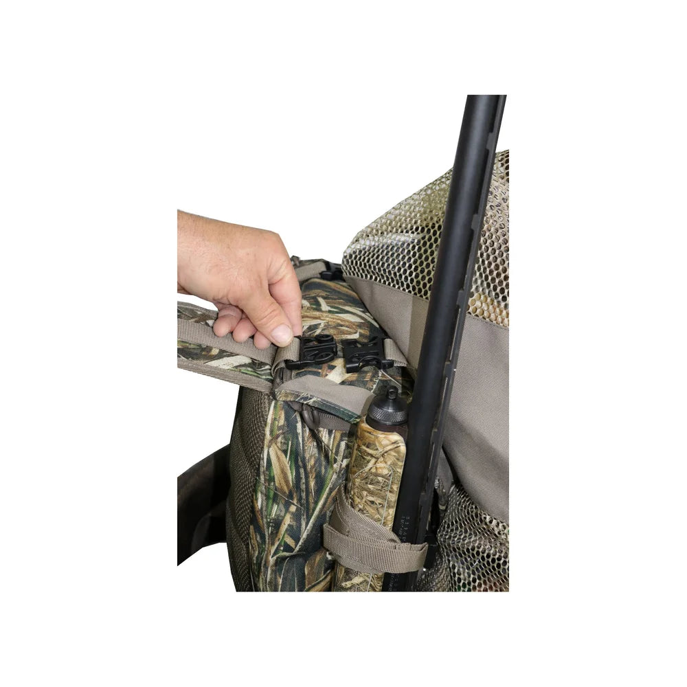 Landing Gear Waterfowlers Backpack, close-up of side shotgun holder with hand demonstrating buckle release