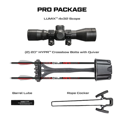 Killer Instinct Lethal 405 HD crossbow pro package accessories including Lumix 4x32 scope, HYPR crossbow bolts with quiver, barrel lube, and rope cocker