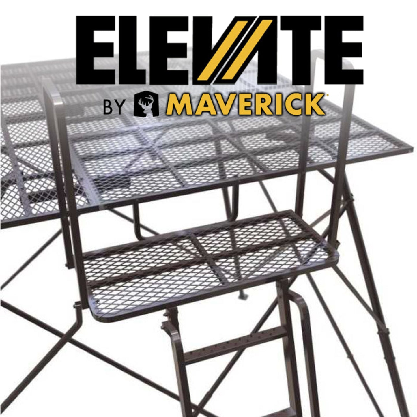 Maverick Elevate hunting platform with steel frame and mesh flooring, elevated deer hunting stand designed for ground blinds sold by Outdoors For Less