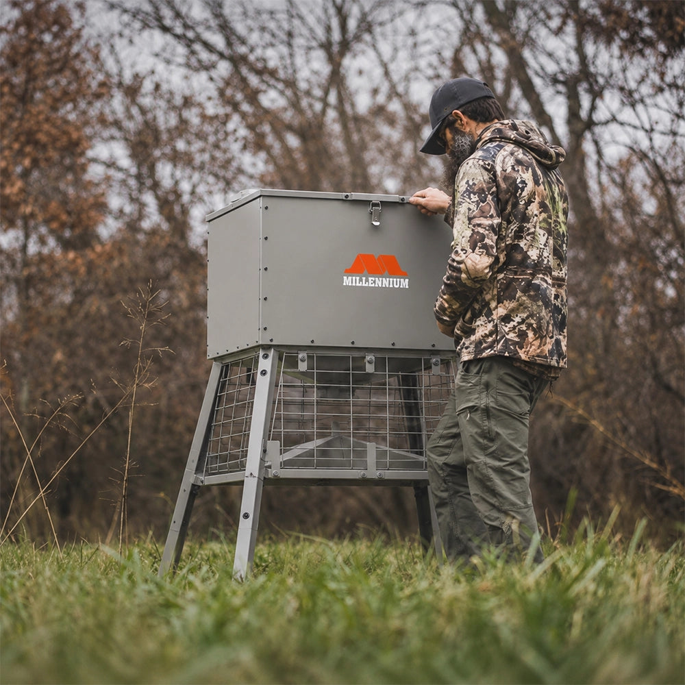Millennium Dinner Bell 400 wildlife feeder set up outdoors for deer feeding