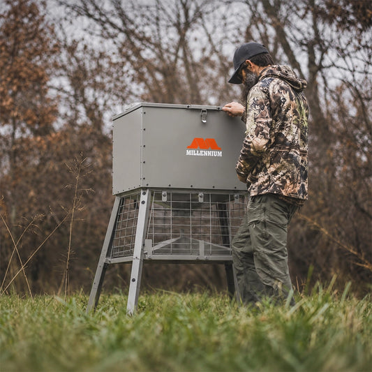 Millennium Dinner Bell 400 wildlife feeder set up outdoors for deer feeding