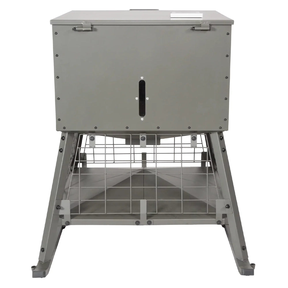 Millennium Dinner Bell 400 wildlife feeder rear view showing hopper and four-leg sled stand