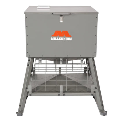 Millennium Dinner Bell 400 wildlife feeder angled product view showing hopper and elevated stand