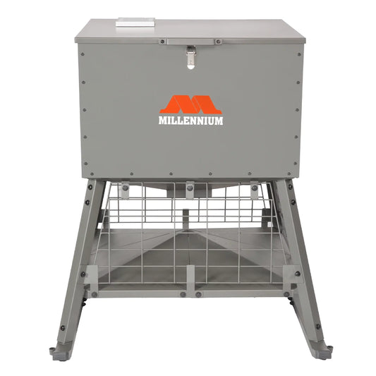 Millennium Dinner Bell 400 wildlife feeder angled product view showing hopper and elevated stand