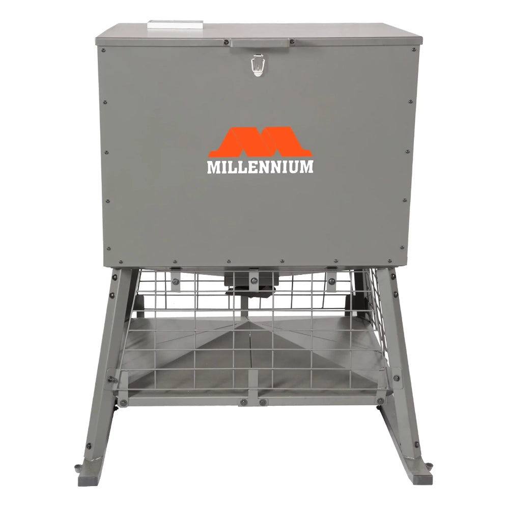 Millennium Dinner Bell 600 wildlife feeder front view showing hopper and four-leg stand
