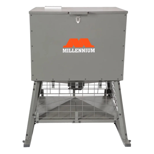 Millennium Dinner Bell 600 wildlife feeder front view showing hopper and four-leg stand