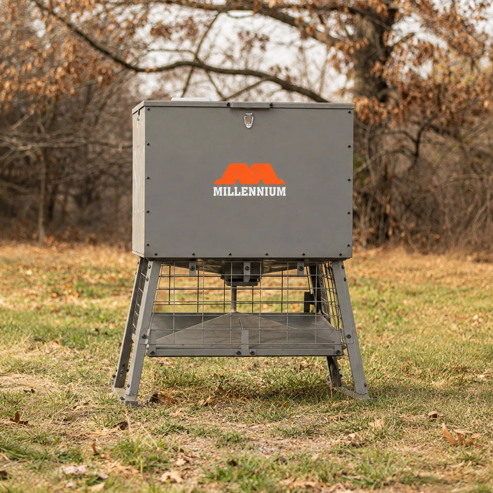Millennium Dinner Bell 600 wildlife feeder set up outdoors for deer feeding