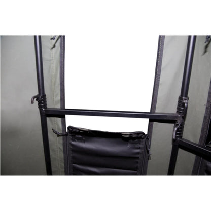 Millennium Treestands Q200 Buck Hut Shooting House, interior close-up of padded seat and steel frame support bar