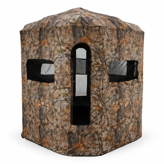 Muddy 360 soft-sided hunting blind front view with door and windows visible