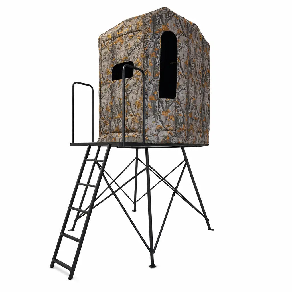 Muddy 360 soft-sided hunting blind installed on elevated tower with ladder access