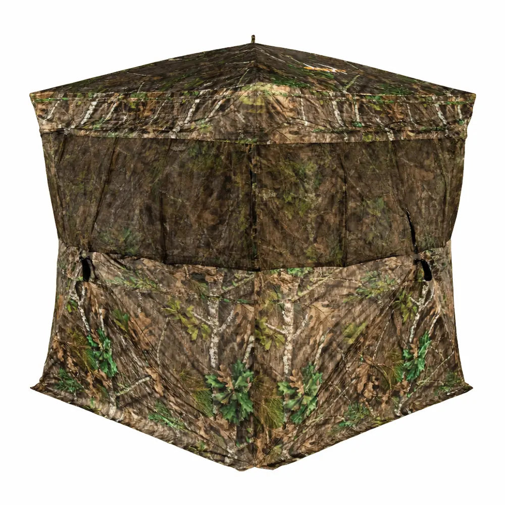 Muddy VS360 ground blind rear exterior view showing camouflage fabric