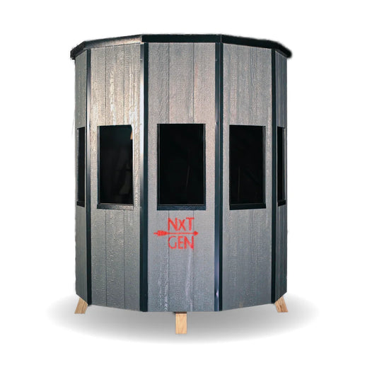 NXT GEN Hunting Blinds Deluxe Series round hunting blind, full front view on white background showing shooting windows
