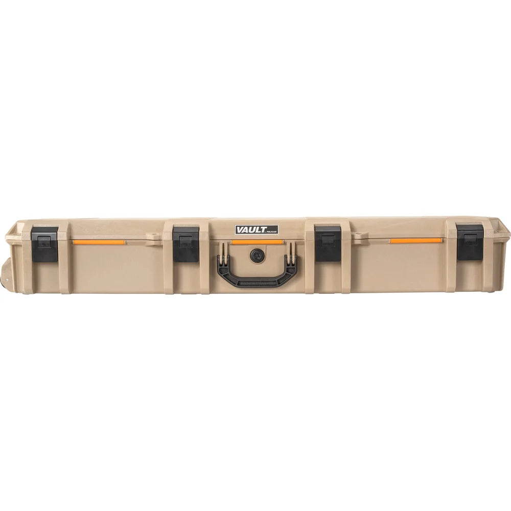 Pelican Vault V730 Tactical Rifle Case in tan/desert, straight-on front face view showing latches and handle