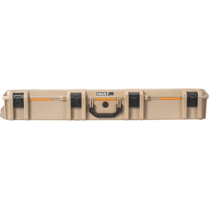 Pelican Vault V730 Tactical Rifle Case in tan/desert, straight-on front face view showing latches and handle