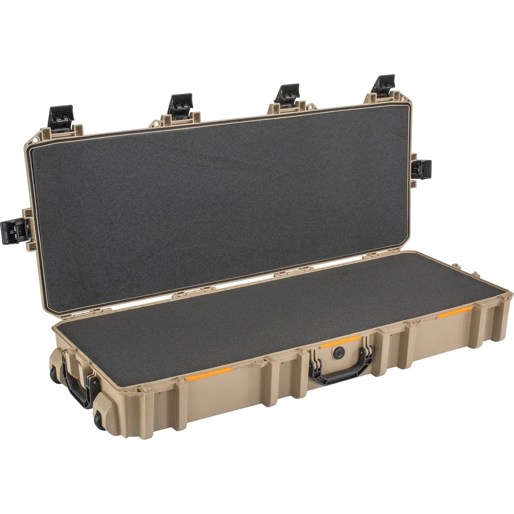 Pelican Vault V730 Tactical Rifle Case in tan/desert, open view showing foam-lined lid and base interior