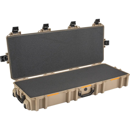 Pelican Vault V730 Tactical Rifle Case in tan/desert, open view showing foam-lined lid and base interior