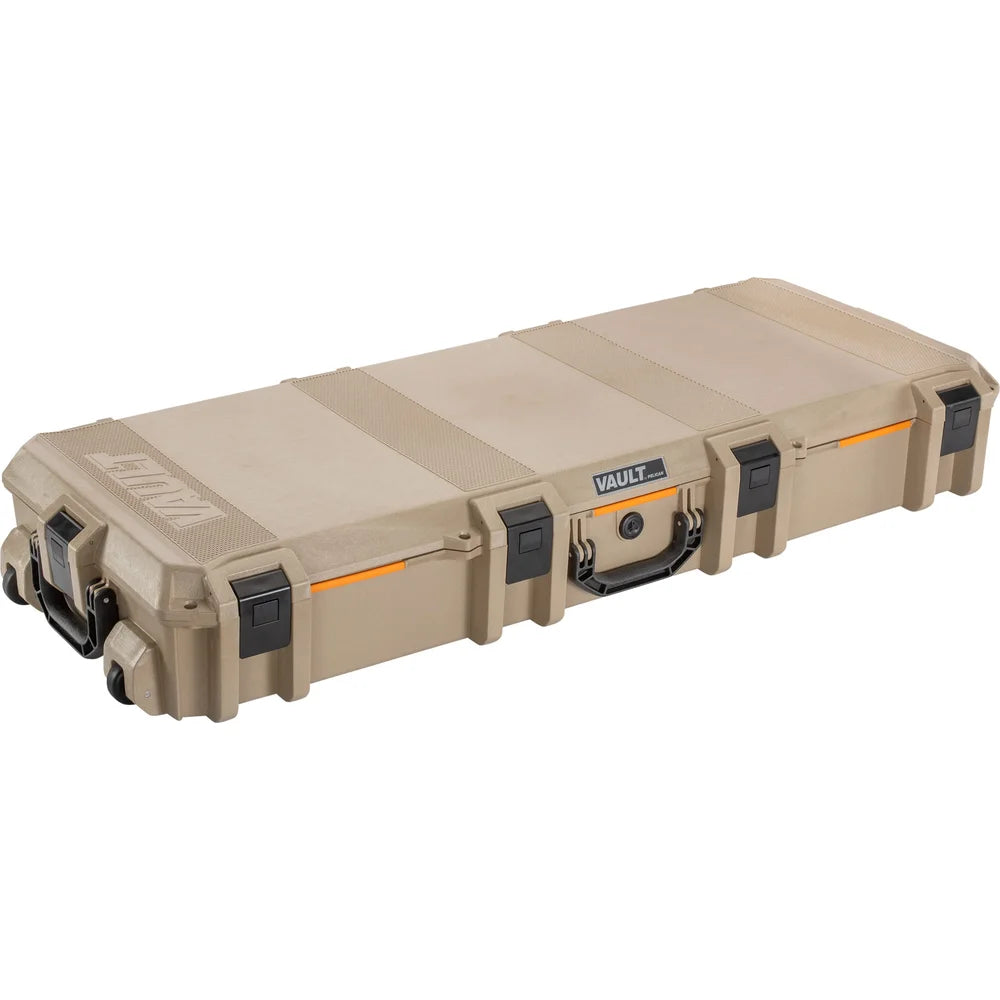 Pelican Vault V730 Tactical Rifle Case in tan/desert, three-quarter view closed showing wheels and latches