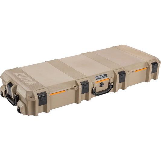 Pelican Vault V730 Tactical Rifle Case in tan/desert, three-quarter view closed showing wheels and latches