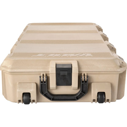 Pelican Vault V730 Tactical Rifle Case in tan, end view close-up showing wheels, carry handle and latch