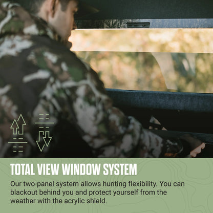 A person in a camouflage hunting jacket sits inside a deer blind next to the large window, demonstrating the 'Total View Window System' with text overlays explaining the two-panel design and acrylic shield.