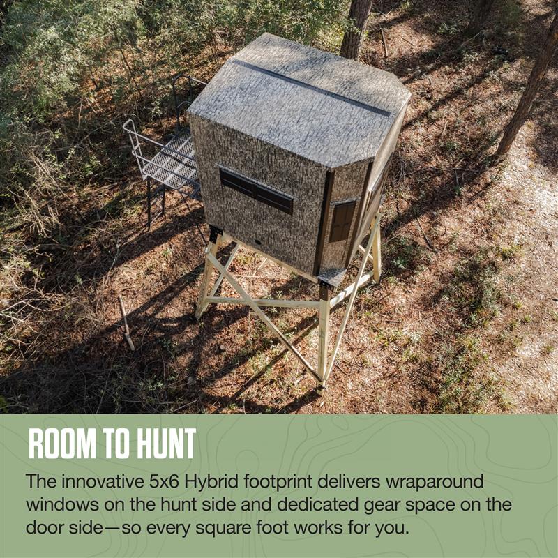 Hunting blind in a forest with text about its design features.