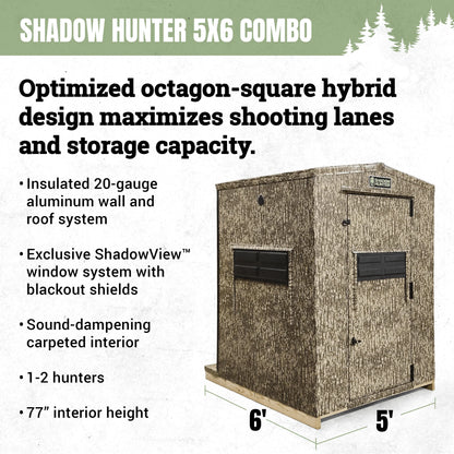 Shadow Hunter 5x6 hunting blind with features listed on a white background