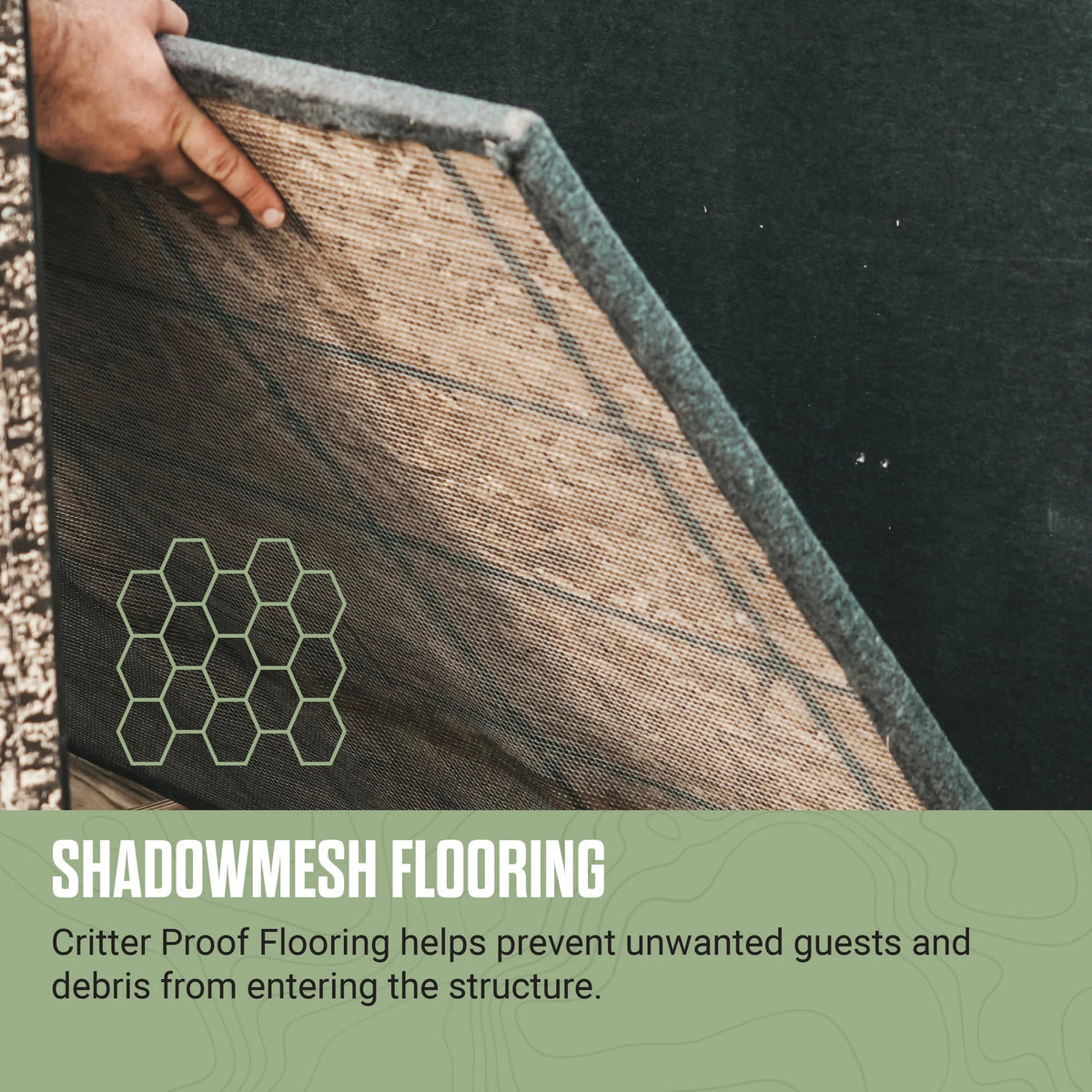 Hand holding a piece of Shadowmesh flooring with text about critter proof flooring.
