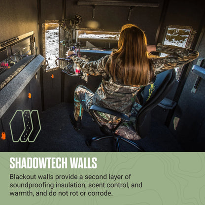 Person in camouflage gear inside a blind with Shadowtech walls feature highlighted.