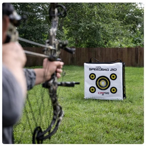 Archer shooting compound bow at Delta McKenzie Speedbag 20 archery bag target in backyard setting