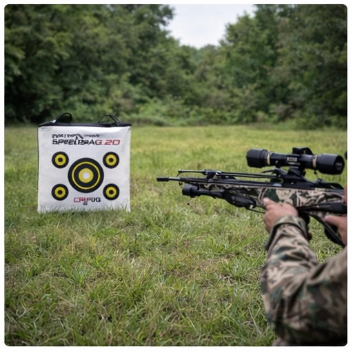 Crossbow shooter practicing on Delta McKenzie Speedbag 20 target in grassy field