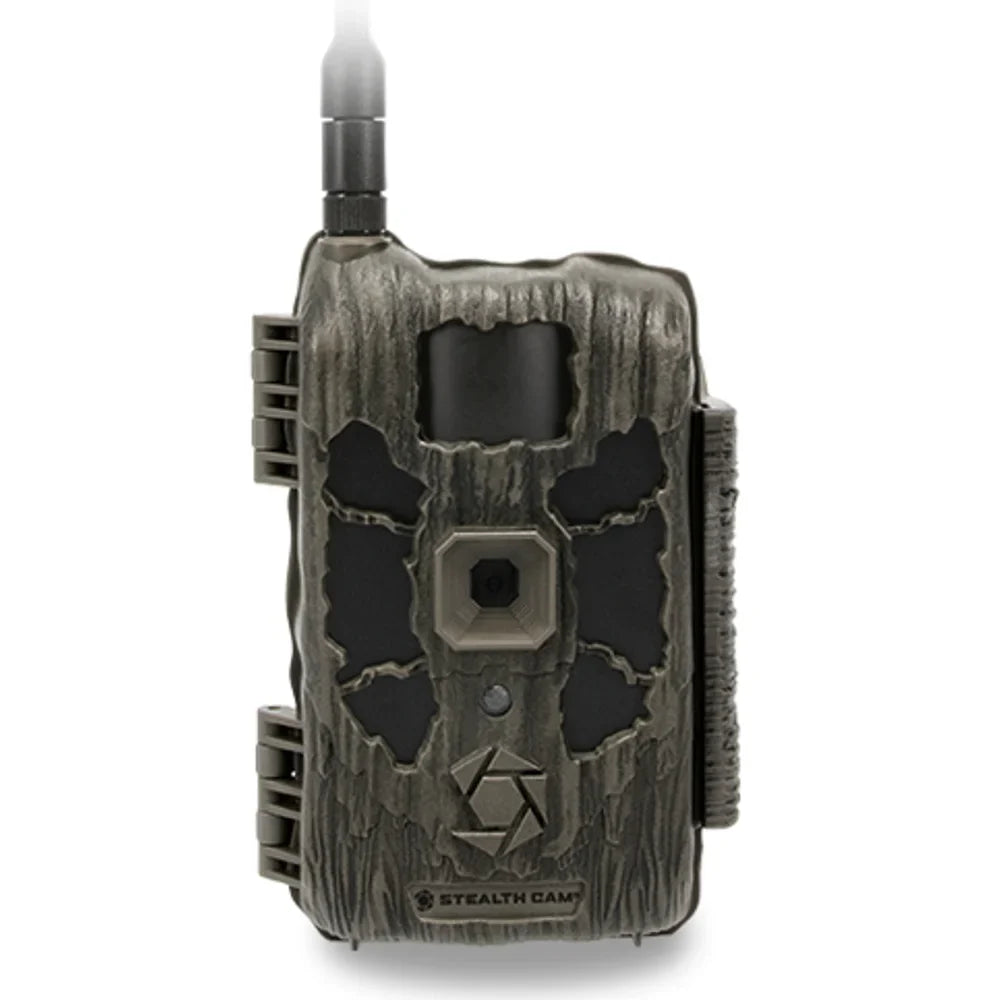 Stealth Cam Deceptor Max 3.0 50MP cellular trail camera, front view with antenna extended in tree bark camo