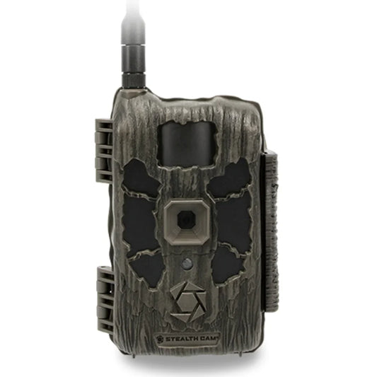 Stealth Cam Deceptor Max 3.0 50MP cellular trail camera, front view with antenna extended in tree bark camo
