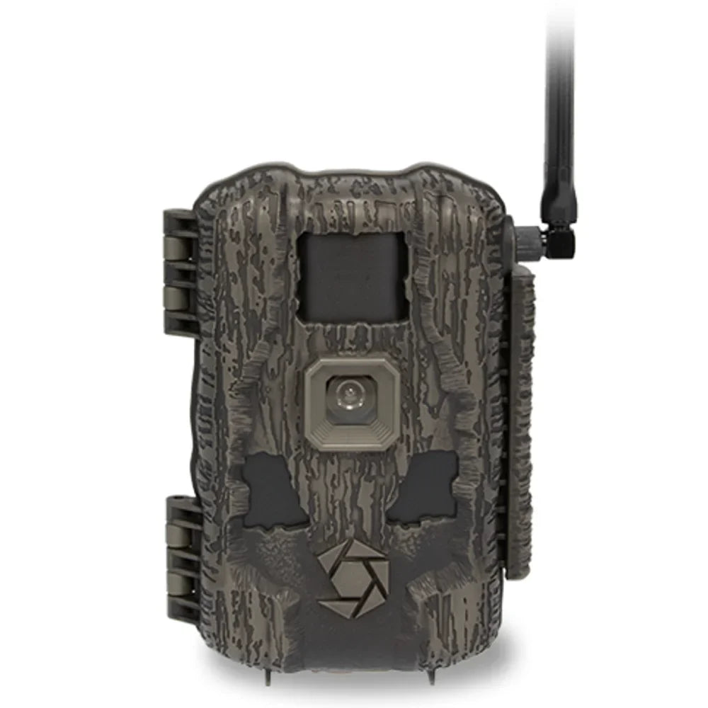 Stealth Cam FUSION MAX 3.0 42MP trail camera, front view with antenna in tree bark camo