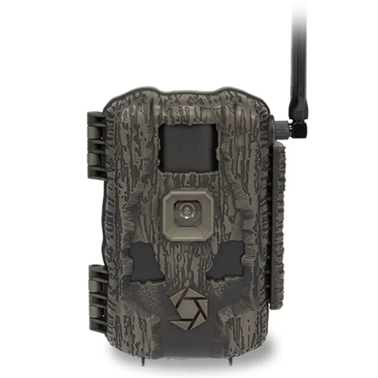 Stealth Cam FUSION MAX 3.0 42MP trail camera, front view with antenna in tree bark camo