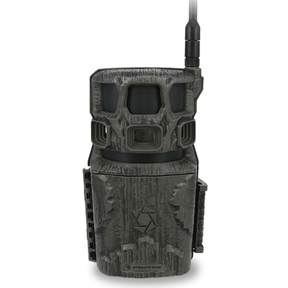 Stealth Cam Revolver Pro 3.0 50MP cellular trail camera, front view with antenna in tree bark camo