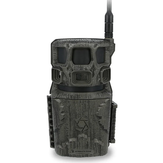 Stealth Cam Revolver Pro 3.0 50MP cellular trail camera, front view with antenna in tree bark camo