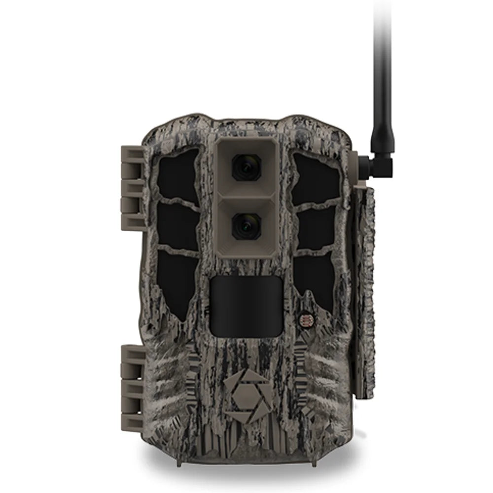 Stealth Cam SPECTRE 4K PRO 56MP cellular trail camera, front view in tree bark camo with dual lenses and antenna