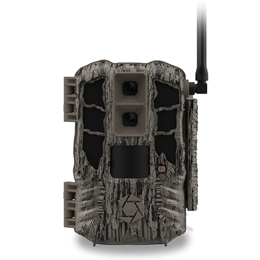 Stealth Cam SPECTRE 4K PRO 56MP cellular trail camera, front view in tree bark camo with dual lenses and antenna