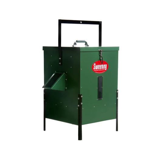 Sweeney Automated Feeding Systems 100 lb Scatter Feeder in green, front three-quarter view on white background