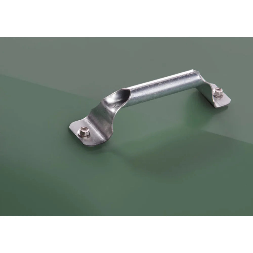 Sweeney 100 lb Scatter Feeder green, alternate close-up angle of bolted metal carry handle on lid