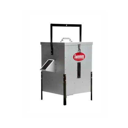 Sweeney Automated Feeding Systems 100 lb Scatter Feeder in silver, front three-quarter view on white background