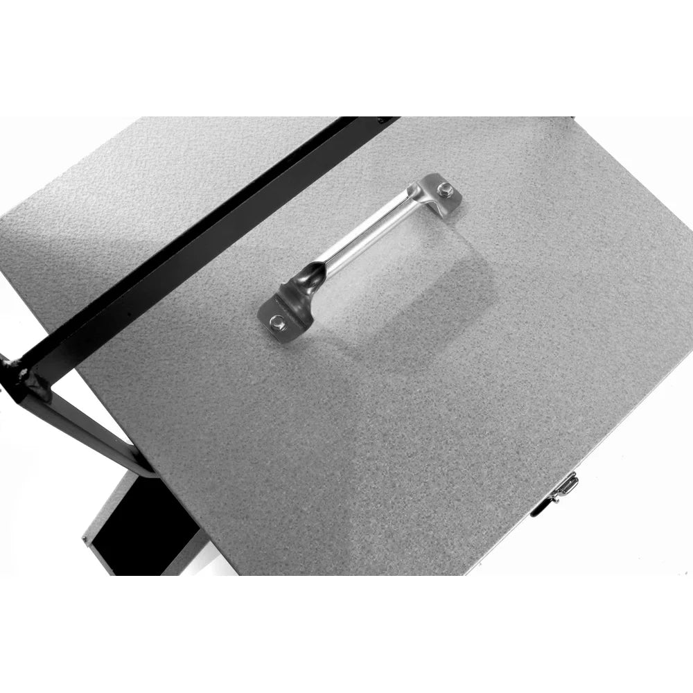 Sweeney 100 lb Scatter Feeder silver, top-down close-up of aluminum carry handle on lid