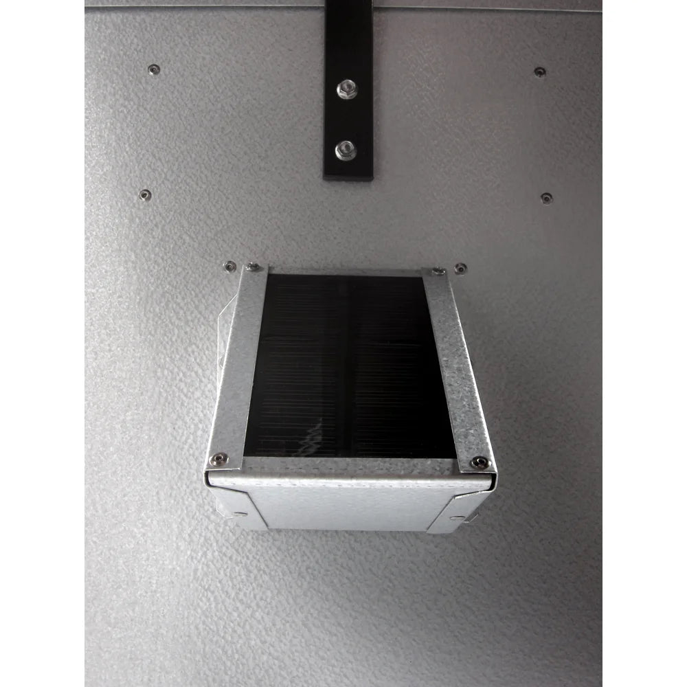 Sweeney 100 lb Scatter Feeder silver, close-up detail of built-in solar panel mounted on feeder body