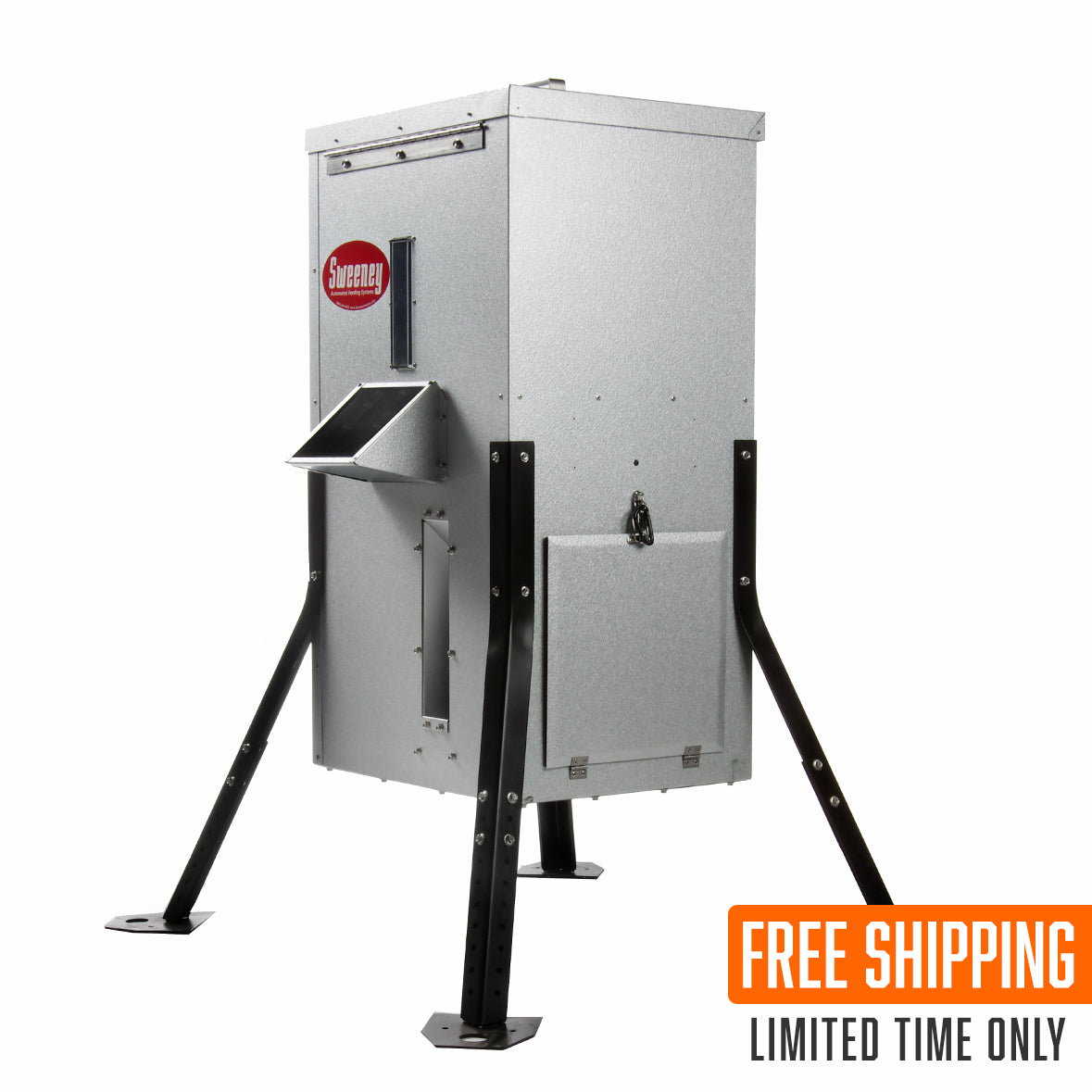 Sweeney 125-gallon wildlife feeder product image with free shipping graphic