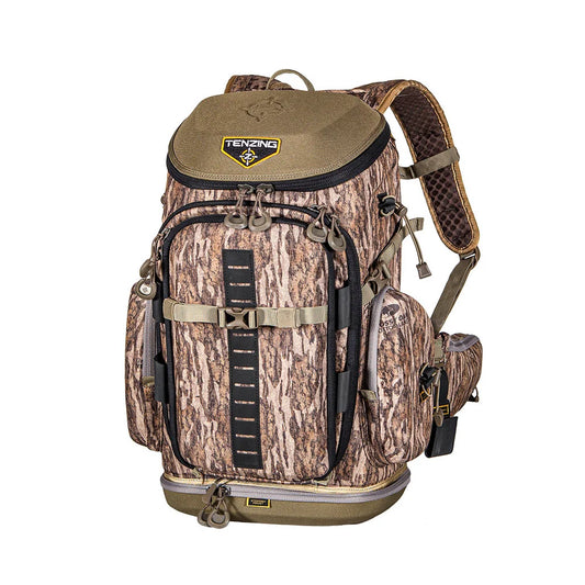 Tenzing Hangtime Day Pack in Mossy Oak Bottomland camo, front three-quarter studio view